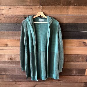 Modern Open Knit Green Marled Women’s Hooded Cardigan Sweater